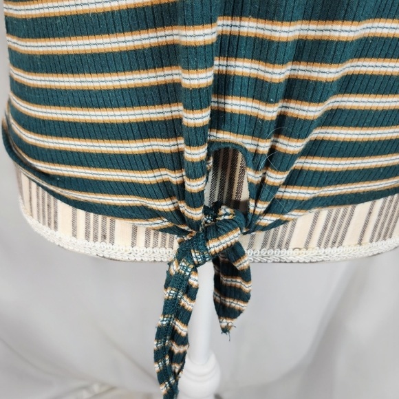 American Eagle Green Orange White Striped Short Sleeve Tie Front Hem Top Medium - Picture 3 of 9